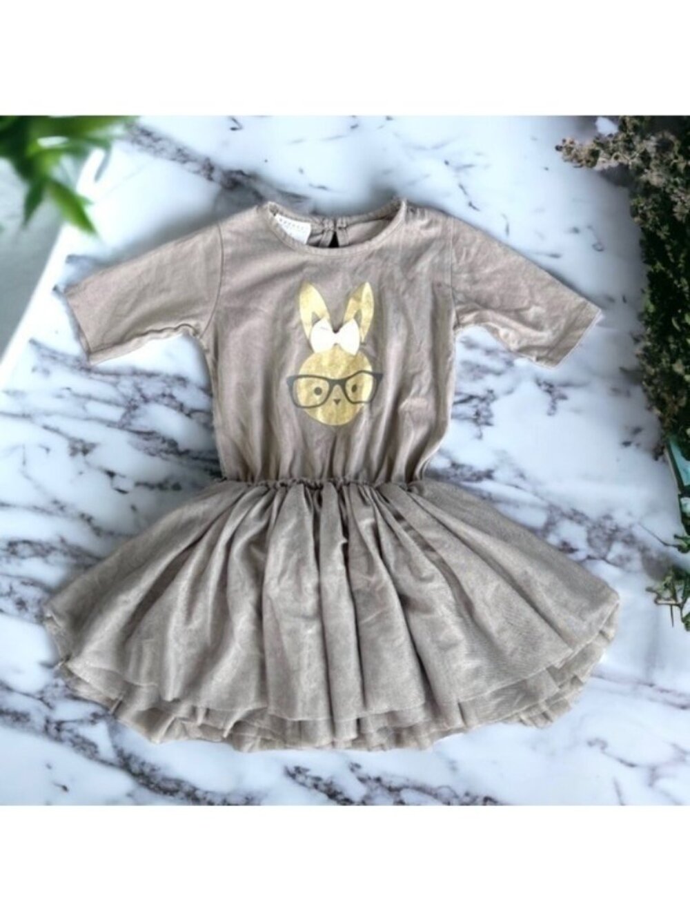Huxbaby Bunny Gray Tulle Dress Girl's Size 4 Organic Cotton